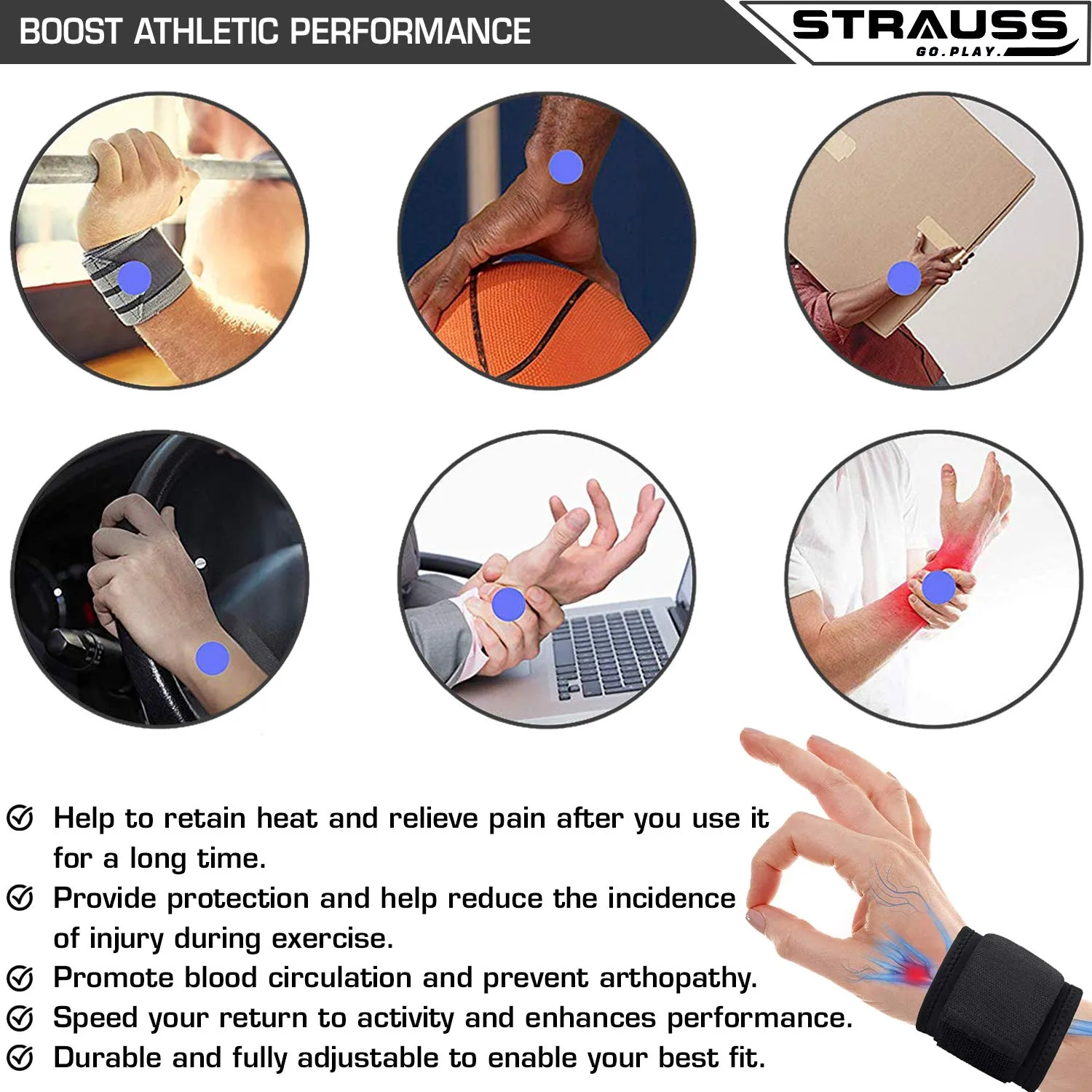 STRAUSS Wrist Support for Gym, Home Exercise, Tennis, Golf & other Sports | Adjustable & Breathable with Powerful Velcro & Soft Material, Pair (Black)