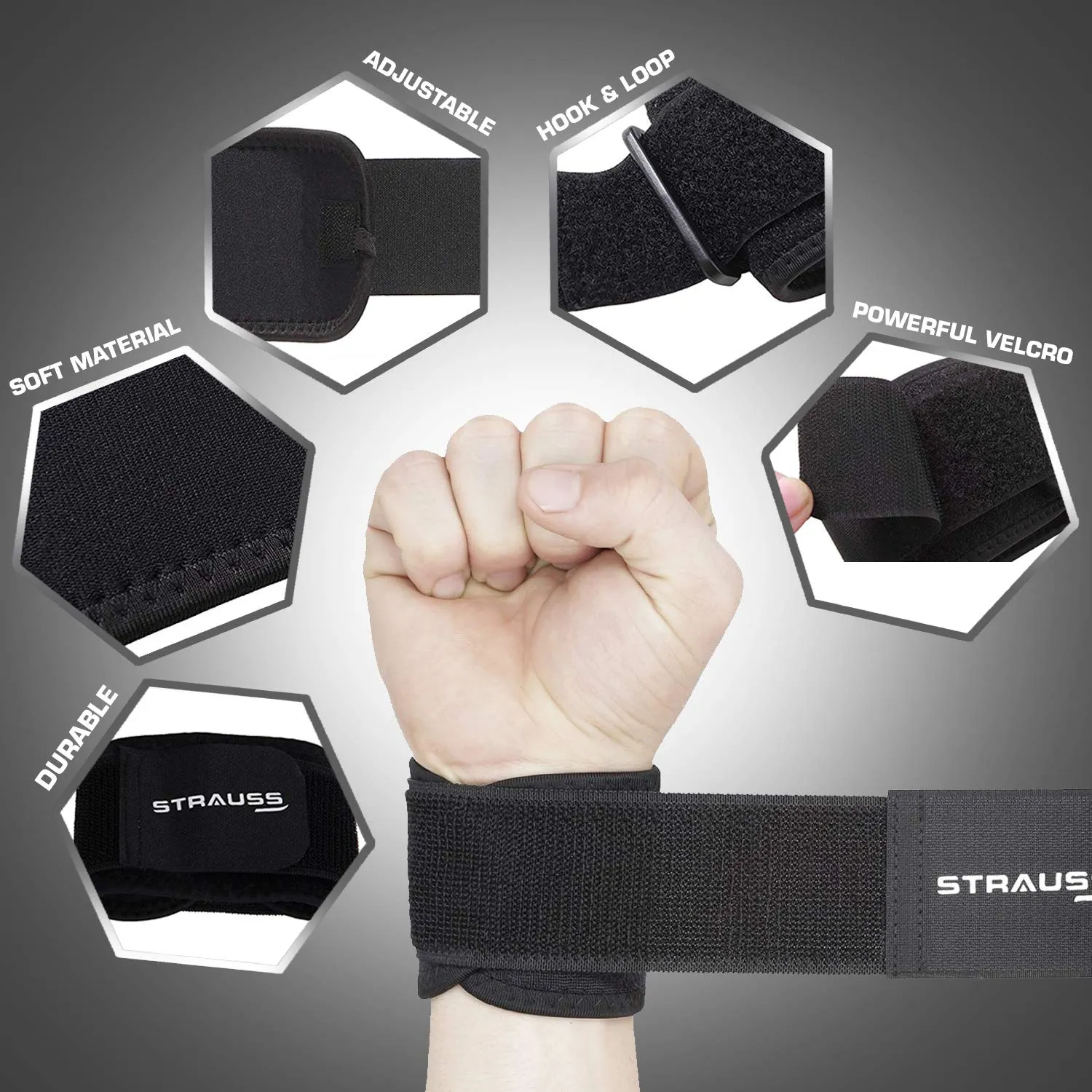 STRAUSS Wrist Support for Gym, Home Exercise, Tennis, Golf & other Sports | Adjustable & Breathable with Powerful Velcro & Soft Material, Pair (Black)