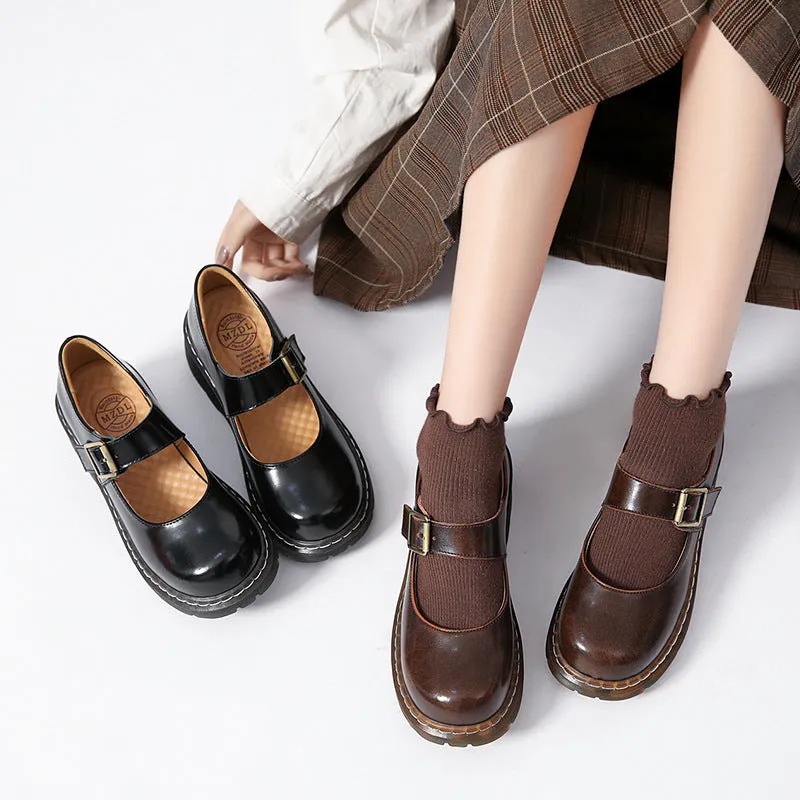 Toleet dti outfits Mary Jane Shoes Japanese Style Thick Bottom round Toe One-Strap Buckle Leather Shoes for Women