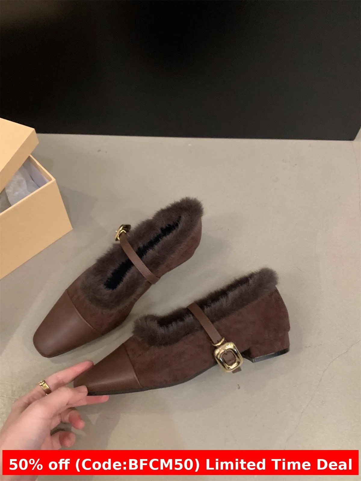 Wenkouban Christmas outfits winter outfits  Black Friday French Style Low Heel Fleece-lined Furry Shoes Mary Jane Single Shoes Women's Shoes 2024 Autumn and Winter