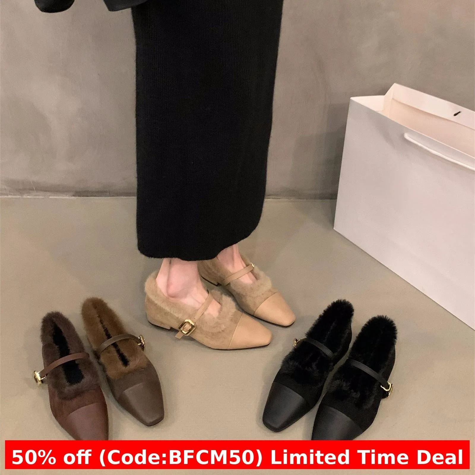 Wenkouban Christmas outfits winter outfits  Black Friday French Style Low Heel Fleece-lined Furry Shoes Mary Jane Single Shoes Women's Shoes 2024 Autumn and Winter