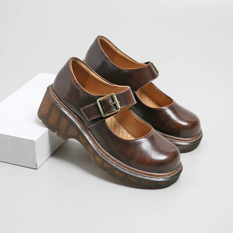 Wenkouban dti outfits Mary Jane Shoes Japanese Style Thick Bottom round Toe One-Strap Buckle Leather Shoes for Women