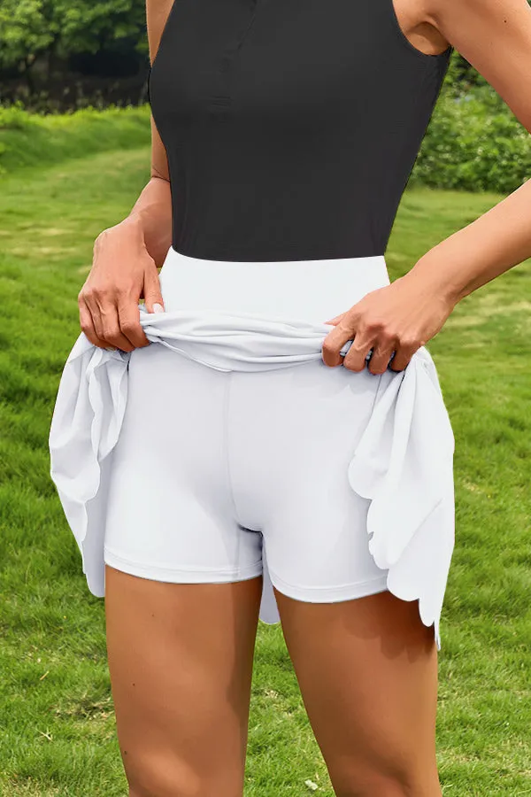 White Scalloped High Waist Colorblock Pockets Tennis Skirt