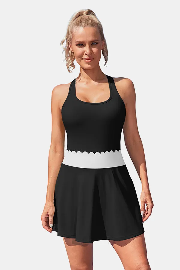 Women's Tennis Dress with Built-in Shorts Scalloped Black Golf Dress Racerback Athletic Skirts