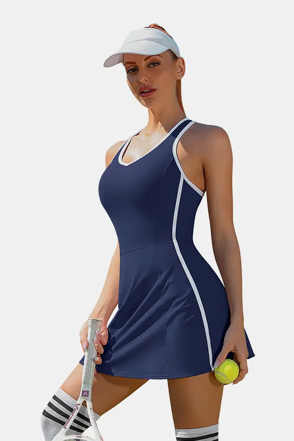 Women's Tennis Dress with Shorts Pockets and Bra V Neck Racerback Navy Golf Outfits