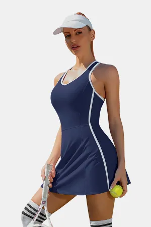 Women's Tennis Dress with Shorts Pockets and Bra V Neck Racerback Navy Golf Outfits