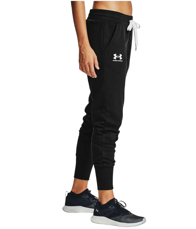 Womens Under Armour Black/ White Rival Fleece Joggers Athletic Trackies